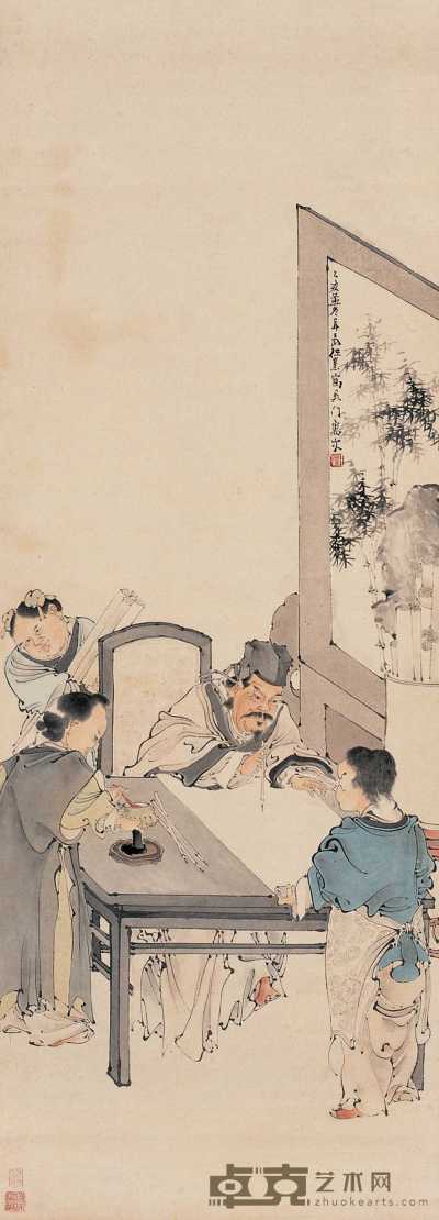 任薰 乙亥（1875）年作 侍墨图 镜心 129×47cm